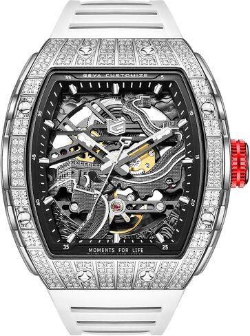 GeYa Redhai Luxury Crystal Diamond Dragon Mechanical Watches, 50M Waterproof Skeleton Dial Rose Gold Case Stainless Steel Watchband Chinese Loong Watches for Men in Saudi Arabia