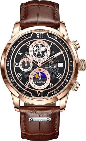 LIGE Analog Watch for Men 3ATM Waterproof Wrist Analog Dress Vintage Chronograph Work Casual Leather Unique Quartz with Date Moon Phase Design Men's Wrist Watches - Perfect As a Gift in Saudi Arabia