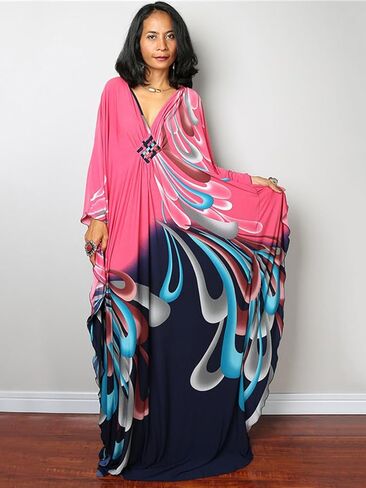 Women Kaftan Dresses Plus Size V-Neck Batwing Sleeves Beach Cover Up Floral Print Moomoos Dress in Kuwait