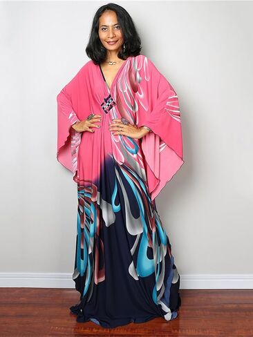 Women Kaftan Dresses Plus Size V-Neck Batwing Sleeves Beach Cover Up Floral Print Moomoos Dress in Kuwait