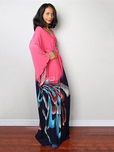 Women Kaftan Dresses Plus Size V-Neck Batwing Sleeves Beach Cover Up Floral Print Moomoos Dress in Kuwait