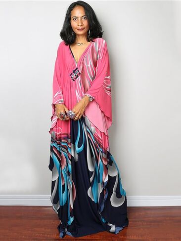 Women Kaftan Dresses Plus Size V-Neck Batwing Sleeves Beach Cover Up Floral Print Moomoos Dress in Kuwait