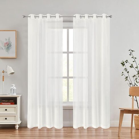 Sheer Curtains Faux Linen Semi Voile Light Filtering Drapes Pair for Bedroom Living Room, Set of 2 Grommet Top Window Curtain Panels (54 x 84 Inch,White) in Saudi Arabia