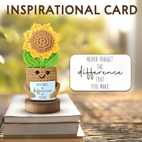 Mini Sunflower Crochet Gift for Coworker Teacher Friend Boss, Going Away Retirement Goodbye Leaving Farewell Gifts for Women, Handmade Positive Plant with Card, Never Forget the Difference in Saudi Arabia