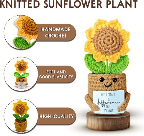 Mini Sunflower Crochet Gift for Coworker Teacher Friend Boss, Going Away Retirement Goodbye Leaving Farewell Gifts for Women, Handmade Positive Plant with Card, Never Forget the Difference in Saudi Arabia