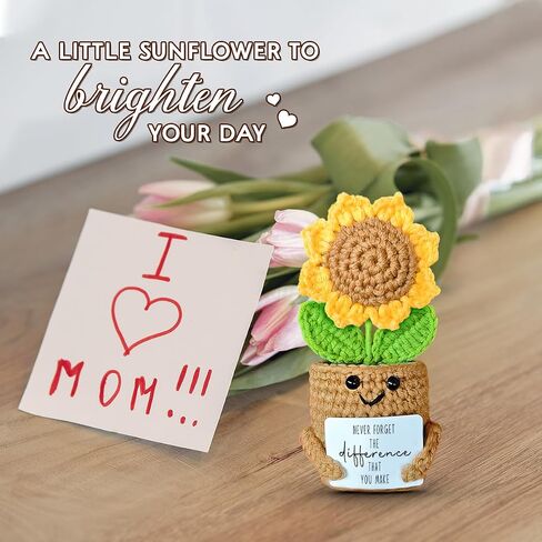Mini Sunflower Crochet Gift for Coworker Teacher Friend Boss, Going Away Retirement Goodbye Leaving Farewell Gifts for Women, Handmade Positive Plant with Card, Never Forget the Difference in Saudi Arabia