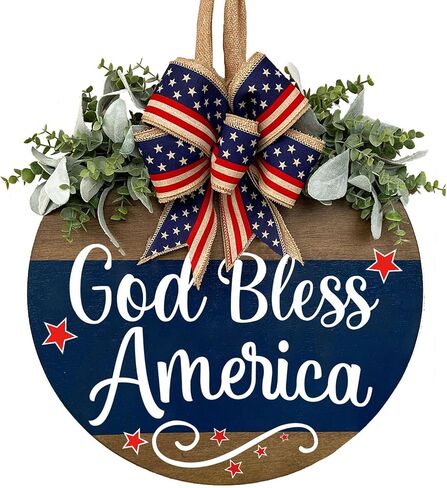 God Bless America Patriotic Door Sign, Welcome Sign for Front Door, Rustic Round Wood Door Hanger Wreaths, Farmhouse Patriotic Porch Decor for Home, Memorial Day Independence Day Decorations in Saudi Arabia