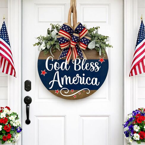 God Bless America Patriotic Door Sign, Welcome Sign for Front Door, Rustic Round Wood Door Hanger Wreaths, Farmhouse Patriotic Porch Decor for Home, Memorial Day Independence Day Decorations in Saudi Arabia