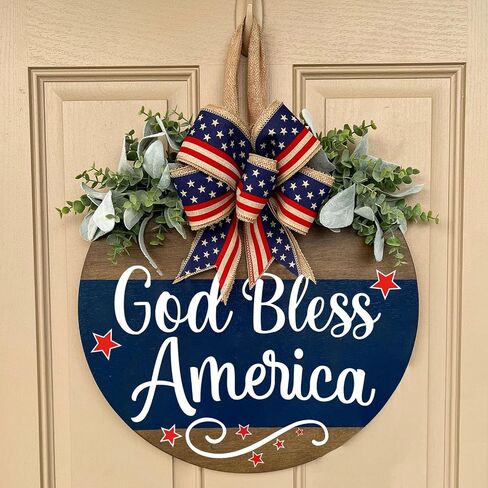 God Bless America Patriotic Door Sign, Welcome Sign for Front Door, Rustic Round Wood Door Hanger Wreaths, Farmhouse Patriotic Porch Decor for Home, Memorial Day Independence Day Decorations in Saudi Arabia