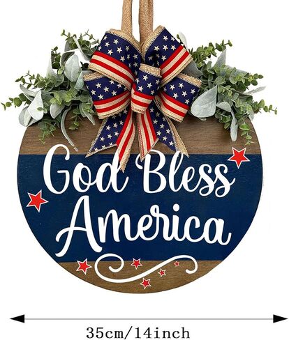 God Bless America Patriotic Door Sign, Welcome Sign for Front Door, Rustic Round Wood Door Hanger Wreaths, Farmhouse Patriotic Porch Decor for Home, Memorial Day Independence Day Decorations in Saudi Arabia
