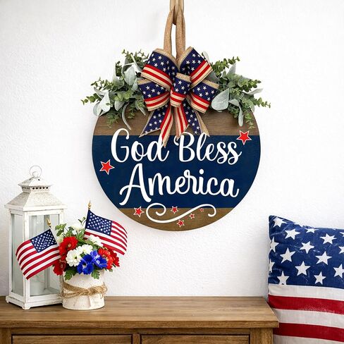 God Bless America Patriotic Door Sign, Welcome Sign for Front Door, Rustic Round Wood Door Hanger Wreaths, Farmhouse Patriotic Porch Decor for Home, Memorial Day Independence Day Decorations in Saudi Arabia
