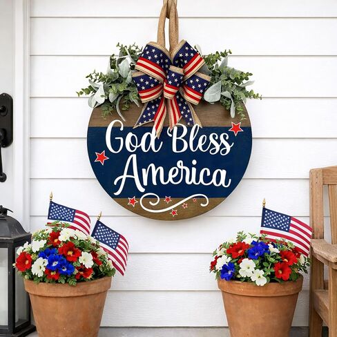 God Bless America Patriotic Door Sign, Welcome Sign for Front Door, Rustic Round Wood Door Hanger Wreaths, Farmhouse Patriotic Porch Decor for Home, Memorial Day Independence Day Decorations in Saudi Arabia