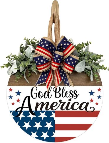 God Bless America Patriotic Door Sign, Welcome Sign for Front Door, Rustic Round Wood Door Hanger Wreaths, Farmhouse Patriotic Porch Decor for Home, Memorial Day Independence Day Decorations in Saudi Arabia