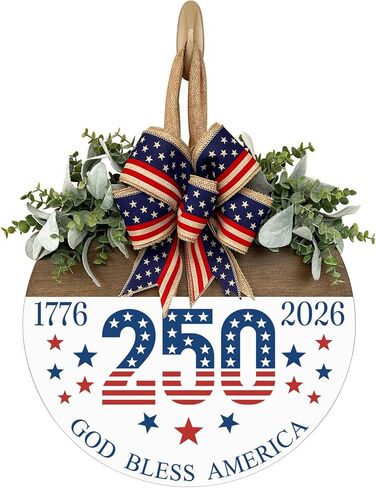 God Bless America Patriotic Door Sign, Welcome Sign for Front Door, Rustic Round Wood Door Hanger Wreaths, Farmhouse Patriotic Porch Decor for Home, Memorial Day Independence Day Decorations in Saudi Arabia