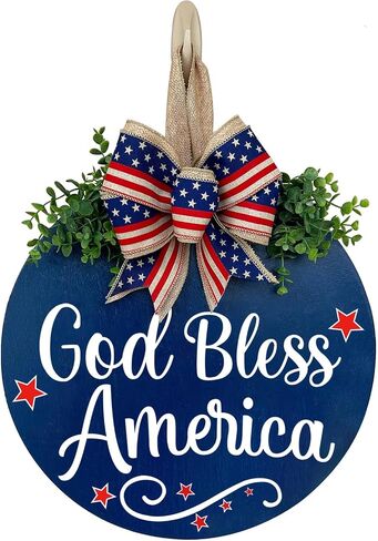 God Bless America Patriotic Door Sign, Welcome Sign for Front Door, Rustic Round Wood Door Hanger Wreaths, Farmhouse Patriotic Porch Decor for Home, Memorial Day Independence Day Decorations in Saudi Arabia