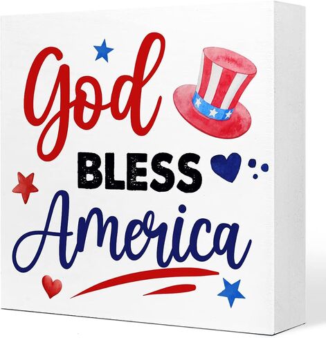 Stars Stripes Sparklers Independence Day Patriotic Wooden Plaque Sign Desk Decor,Retro 4th of July American Flag Wood Block Sign Desk Decorations for Home Bedroom Living Room Office Shelf Table Decor in Kuwait