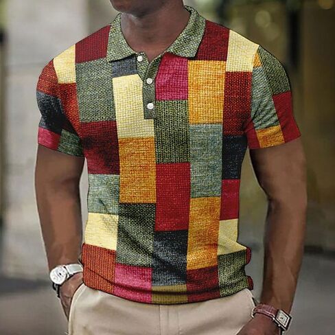 Men’s 3D Digital Print Polo Shirt, Color Block Patchwork Pattern Tee with Button Neckline, Trendy Casual Top in Kuwait