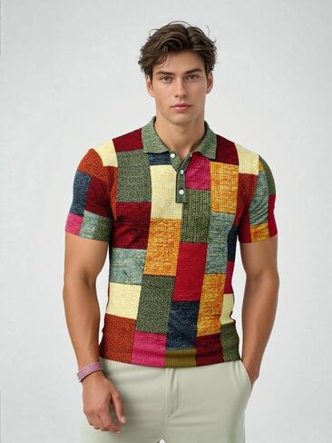 Men’s 3D Digital Print Polo Shirt, Color Block Patchwork Pattern Tee with Button Neckline, Trendy Casual Top in Kuwait