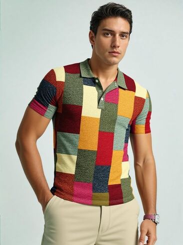Men’s 3D Digital Print Polo Shirt, Color Block Patchwork Pattern Tee with Button Neckline, Trendy Casual Top in Kuwait