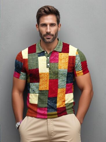 Men’s 3D Digital Print Polo Shirt, Color Block Patchwork Pattern Tee with Button Neckline, Trendy Casual Top in Kuwait