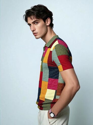 Men’s 3D Digital Print Polo Shirt, Color Block Patchwork Pattern Tee with Button Neckline, Trendy Casual Top in Kuwait