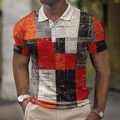 Men’s 3D Digital Print Polo Shirt, Color Block Patchwork Pattern Tee with Button Neckline, Trendy Casual Top in Kuwait
