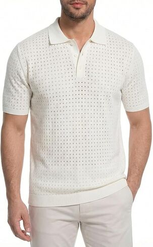 Men’s Knit Polo Shirt Short Sleeve Sweater Polo Breathable Eyelet Openwork Textured Button Collar in Kuwait