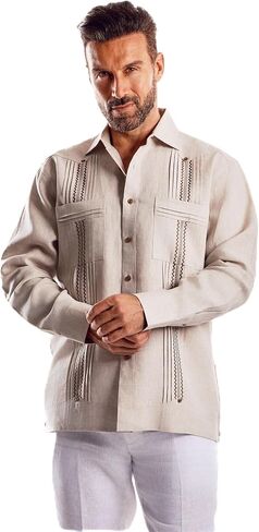 Mojito Collection Men's 100% Linen Guayabera Shirt Long Sleeve with Embroidered Trim in Saudi Arabia
