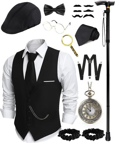 1920s Mens Costume Roaring 20s Costumes For Men Detective Costume 1920s Mens Outfit with Hat Vest Fake Mustache in Saudi Arabia