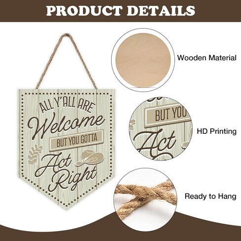 All Y'all are Welcome But You Gotta Act Right Front Door Sign, Funny Western Cowboy Hat Wood Hanger School Classroom Dorm Bedroom Home Decor, Farmhouse Wooden Wreath Wall Hanging Decoration in Saudi Arabia