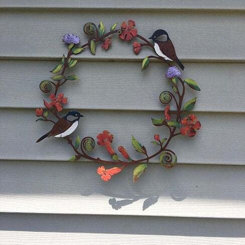 Stainless Steel Spring Wreath - Flowers Wall Art Bird Garland Metal Hanging Wreath for Door Wall Farmhouse Decoration (Size: 30CM) in Kuwait