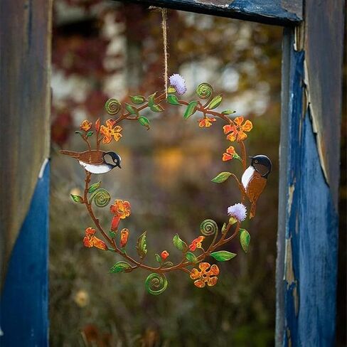 Stainless Steel Spring Wreath - Flowers Wall Art Bird Garland Metal Hanging Wreath for Door Wall Farmhouse Decoration (Size: 30CM) in Kuwait