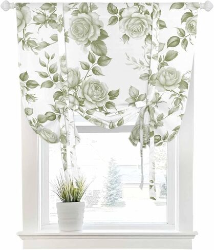 Blackout Tie Up Curtains for Windows Vintage Green Rose Flowers Rod Pocket Shade Valances, Watercolor Farm Floral Adjustable Roll Up Balloon Curtain for Bedroom,Bathroom,Kitchen 1 Panel 42x45in in Saudi Arabia