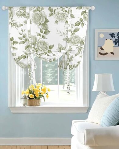 Blackout Tie Up Curtains for Windows Vintage Green Rose Flowers Rod Pocket Shade Valances, Watercolor Farm Floral Adjustable Roll Up Balloon Curtain for Bedroom,Bathroom,Kitchen 1 Panel 42x45in in Saudi Arabia