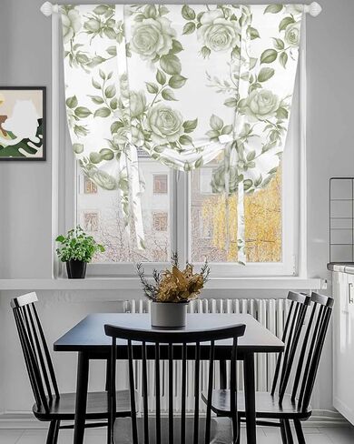 Blackout Tie Up Curtains for Windows Vintage Green Rose Flowers Rod Pocket Shade Valances, Watercolor Farm Floral Adjustable Roll Up Balloon Curtain for Bedroom,Bathroom,Kitchen 1 Panel 42x45in in Saudi Arabia