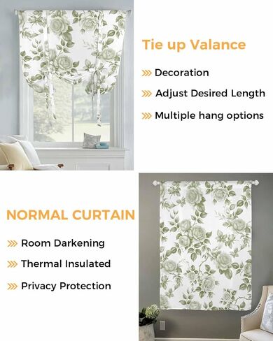 Blackout Tie Up Curtains for Windows Vintage Green Rose Flowers Rod Pocket Shade Valances, Watercolor Farm Floral Adjustable Roll Up Balloon Curtain for Bedroom,Bathroom,Kitchen 1 Panel 42x45in in Saudi Arabia