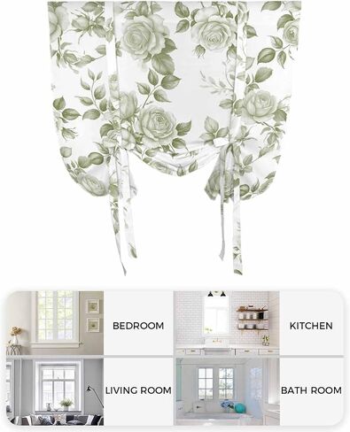 Blackout Tie Up Curtains for Windows Vintage Green Rose Flowers Rod Pocket Shade Valances, Watercolor Farm Floral Adjustable Roll Up Balloon Curtain for Bedroom,Bathroom,Kitchen 1 Panel 42x45in in Saudi Arabia