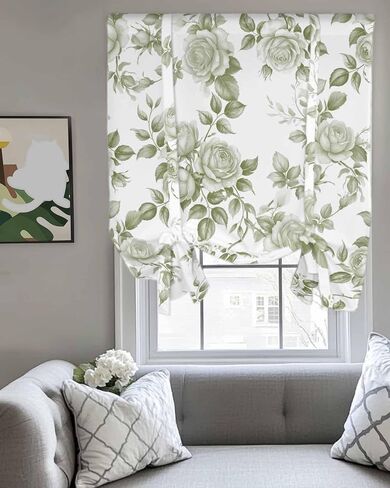 Blackout Tie Up Curtains for Windows Vintage Green Rose Flowers Rod Pocket Shade Valances, Watercolor Farm Floral Adjustable Roll Up Balloon Curtain for Bedroom,Bathroom,Kitchen 1 Panel 42x45in in Saudi Arabia