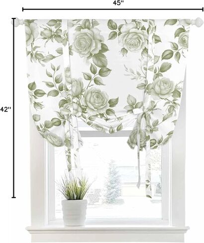 Blackout Tie Up Curtains for Windows Vintage Green Rose Flowers Rod Pocket Shade Valances, Watercolor Farm Floral Adjustable Roll Up Balloon Curtain for Bedroom,Bathroom,Kitchen 1 Panel 42x45in in Saudi Arabia