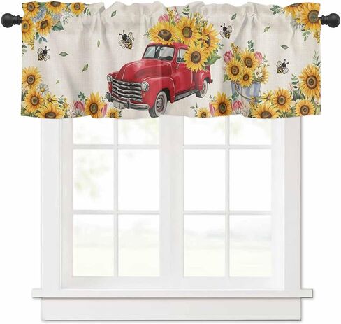 T&H XHome Window Treatment Valances Red Truck with Sunflowers Vintage Country Style Design Rod Pocket Curtain Valance for Kitchen, Bathroom, Living Room, Bedroom 54" W x 18" L in Kuwait