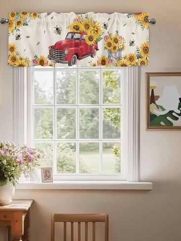 T&H XHome Window Treatment Valances Red Truck with Sunflowers Vintage Country Style Design Rod Pocket Curtain Valance for Kitchen, Bathroom, Living Room, Bedroom 54" W x 18" L in Kuwait