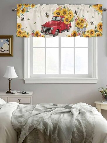 T&H XHome Window Treatment Valances Red Truck with Sunflowers Vintage Country Style Design Rod Pocket Curtain Valance for Kitchen, Bathroom, Living Room, Bedroom 54" W x 18" L in Kuwait