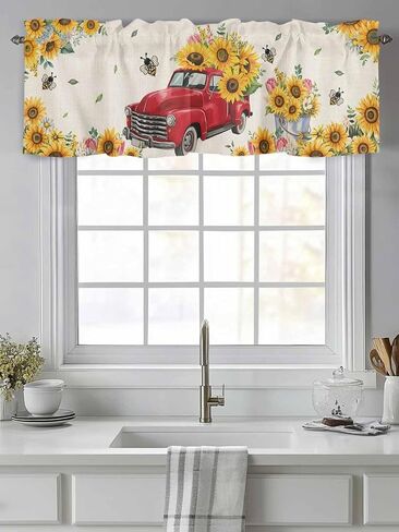 T&H XHome Window Treatment Valances Red Truck with Sunflowers Vintage Country Style Design Rod Pocket Curtain Valance for Kitchen, Bathroom, Living Room, Bedroom 54" W x 18" L in Kuwait