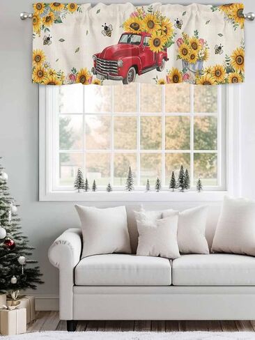 T&H XHome Window Treatment Valances Red Truck with Sunflowers Vintage Country Style Design Rod Pocket Curtain Valance for Kitchen, Bathroom, Living Room, Bedroom 54" W x 18" L in Kuwait