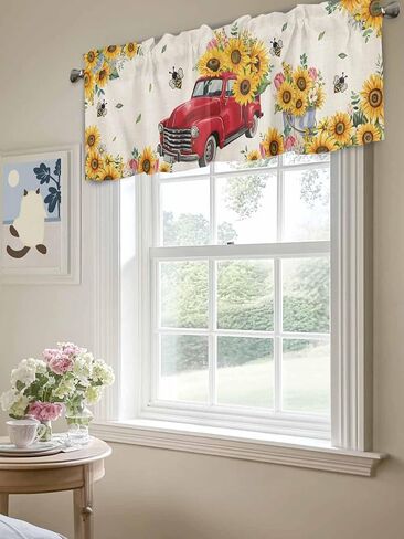 T&H XHome Window Treatment Valances Red Truck with Sunflowers Vintage Country Style Design Rod Pocket Curtain Valance for Kitchen, Bathroom, Living Room, Bedroom 54" W x 18" L in Kuwait