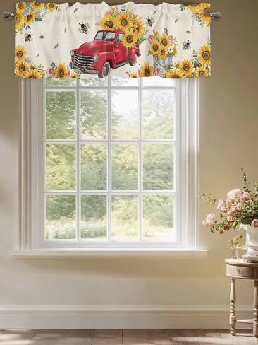 T&H XHome Window Treatment Valances Red Truck with Sunflowers Vintage Country Style Design Rod Pocket Curtain Valance for Kitchen, Bathroom, Living Room, Bedroom 54" W x 18" L in Kuwait