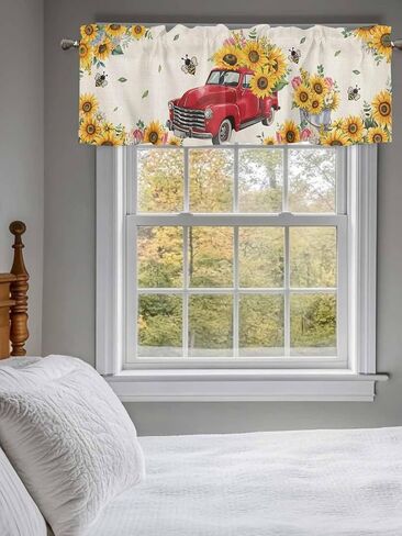 T&H XHome Window Treatment Valances Red Truck with Sunflowers Vintage Country Style Design Rod Pocket Curtain Valance for Kitchen, Bathroom, Living Room, Bedroom 54" W x 18" L in Kuwait