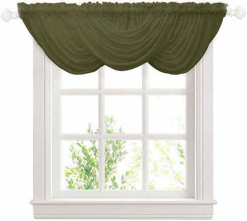 LooPoP Waterfall Valances for Windows Green Solid Color Swag Valance Curtains Dark Olive Sheer Valance Window Treatment for Living Room Kitchen Bedroom Bathroom Rod Pocket Curtain Drape 3 Panels in Kuwait