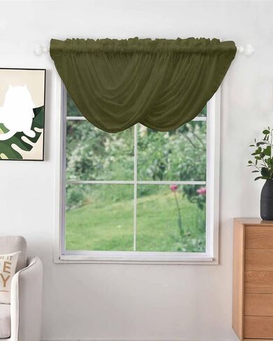 LooPoP Waterfall Valances for Windows Green Solid Color Swag Valance Curtains Dark Olive Sheer Valance Window Treatment for Living Room Kitchen Bedroom Bathroom Rod Pocket Curtain Drape 3 Panels in Kuwait