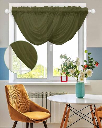 LooPoP Waterfall Valances for Windows Green Solid Color Swag Valance Curtains Dark Olive Sheer Valance Window Treatment for Living Room Kitchen Bedroom Bathroom Rod Pocket Curtain Drape 3 Panels in Kuwait